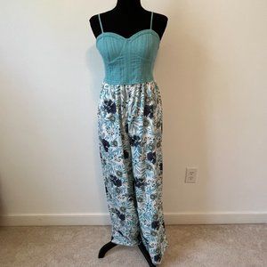 B.O.G. Collective Sky Blue Floral Vintage Style Bustier Wide Leg Jumpsuit - Sz M